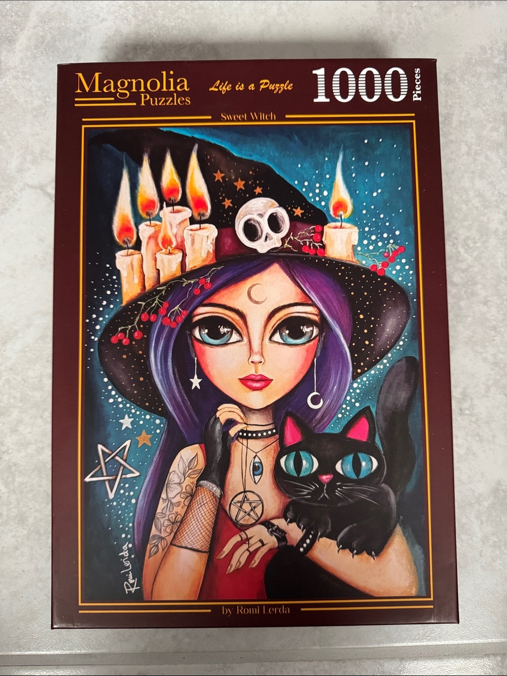 Magnolia 1000-Piece Puzzle - Purple Witch Illustration with Black Cat